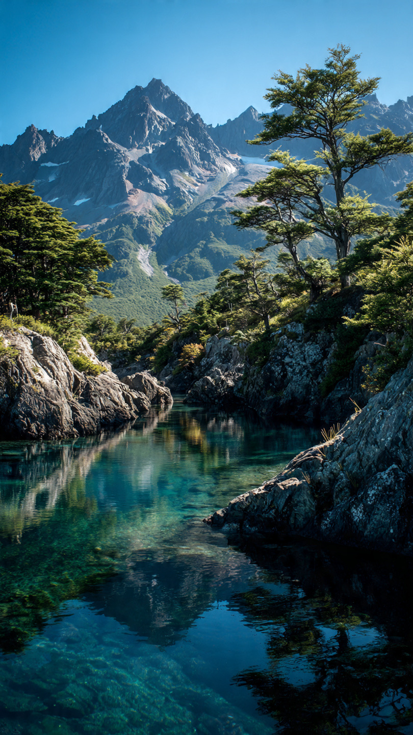 Paisaje chileno en calma: montañas, bosque y agua